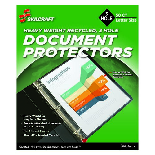 7510012360059 SKILCRAFT DOCUMENT PROTECTOR, 8 1/2 X 11, 3-HOLE PUNCH,  50/BOX Safeguard your important documents from everyday wear and accidental  spills and tears. These document protectors are hole punched to fit easily